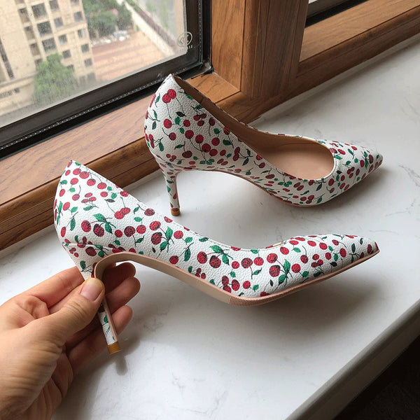 Fruit Printed Women White Matte Pointy Toe High Heels
