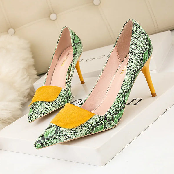 Fashionable Simple Stiletto High-heeled Stitching Snake Pattern Women 's Shoes