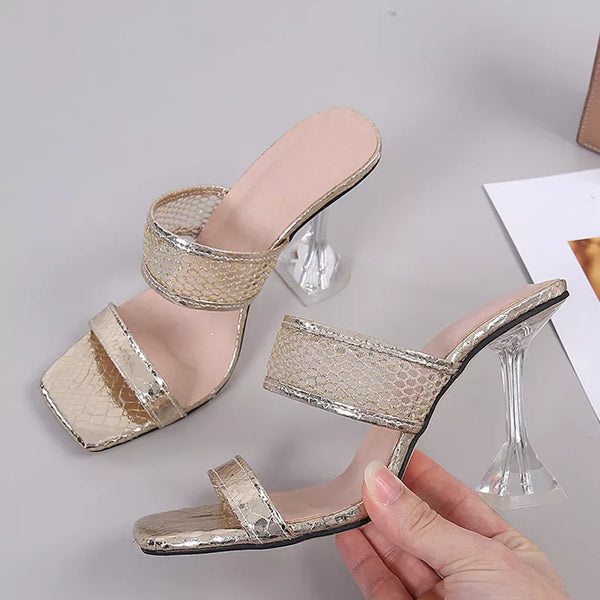 Elegant Square Toe Transparent Spike Heels Pumps Mesh Slippers Summer Women