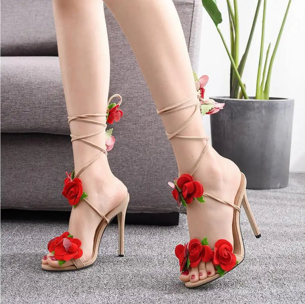 New Flowers Sandal Red Rose Flower Cross-tie High-heeled Shoes