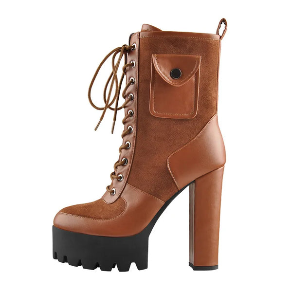 Platform Round Heel Lace Up High Heel Ankel Booties Block Chunky Heels Party Shoes