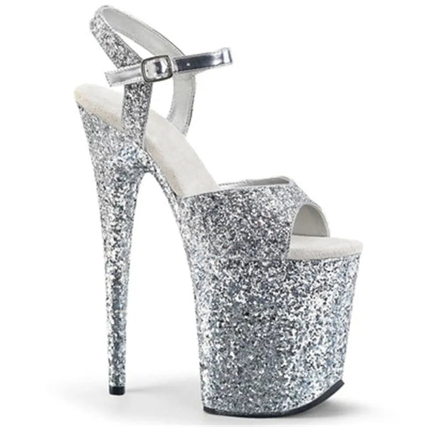 Tacones de aguja de 20 cm, plataforma impermeable con purpurina gris y 8 pulgadas para verano