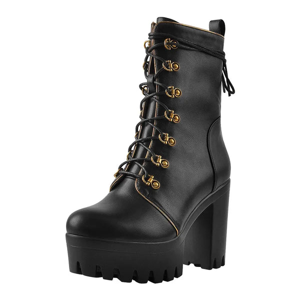 Women's Lace Up Black Matte Platform Ankle Booties  High Heels Sexy Lady Short Boots