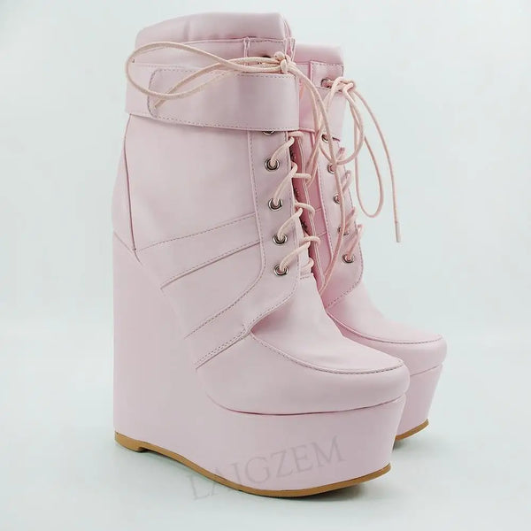 Botas de cuña con plataforma al tobillo para mujer, de piel sintética, color rosa y tacón alto.