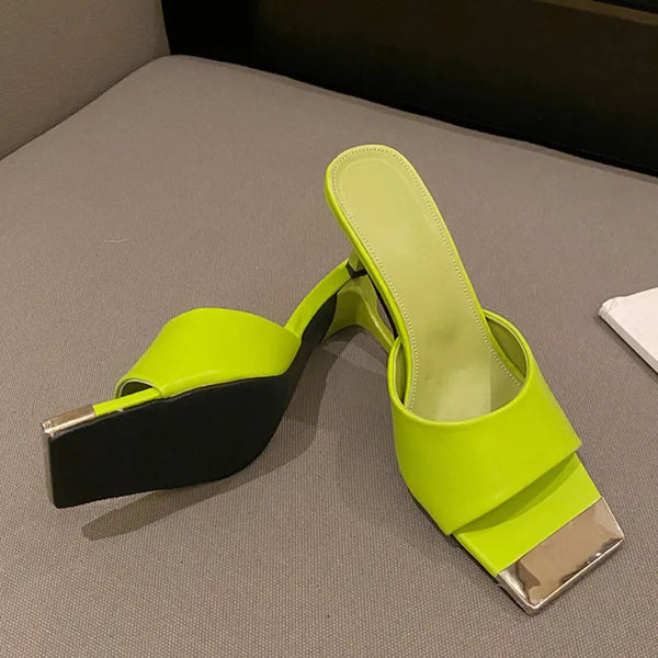 Low Thin High Heels Women Green Leather Slippers