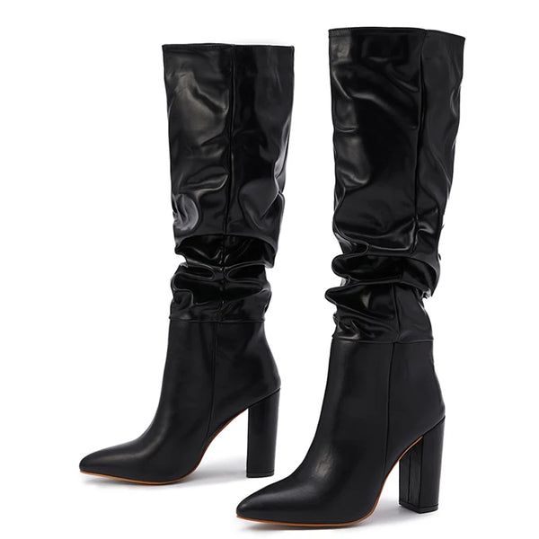 Fashion White Black Women Knee High Boots Sexy Pointed Toe Square Heels