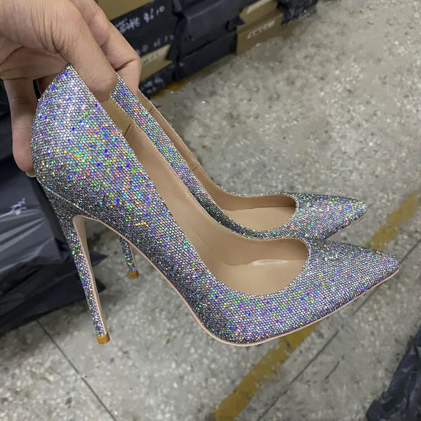 Tendencia de moda sexy 12cm Tacones altos con lentejuelas plateadas para mujer