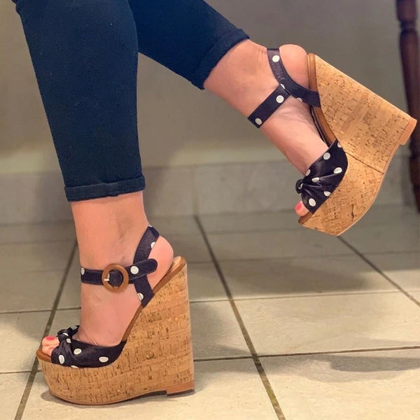 Women Polka Dot Platform Wedges Sandals Peep Toe  Shoes Buckle Strap Pumps