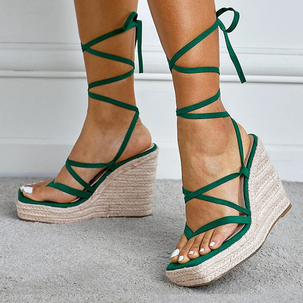 Fashion Summer Green Narrow 12.5CM Wedges Heels Platform Sandals Women