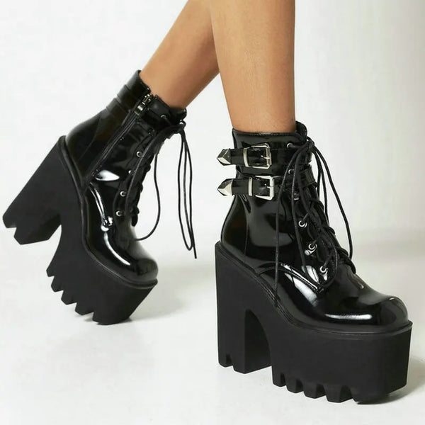 Women Ankle Boots Platform Square High Heel Ladies Motorcycle Boots