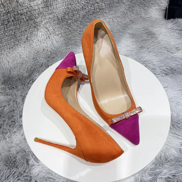 sexy Orange Purple bow Patchwork Women Flock Pointy Toe 8-12cm High Heel Shoes