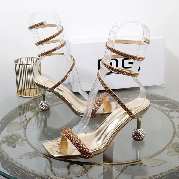 Summer New Rhinestone Fairy Open-toe Ring-foot Strap rome sandals with High Heel Women