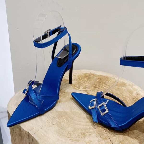Sandalias de tacón alto con hebilla de cristal de diseñador para mujer