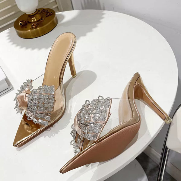 Sexy Pointed Toe Mule High Heels Stripper  Bowknot PVC Transparent Shoes