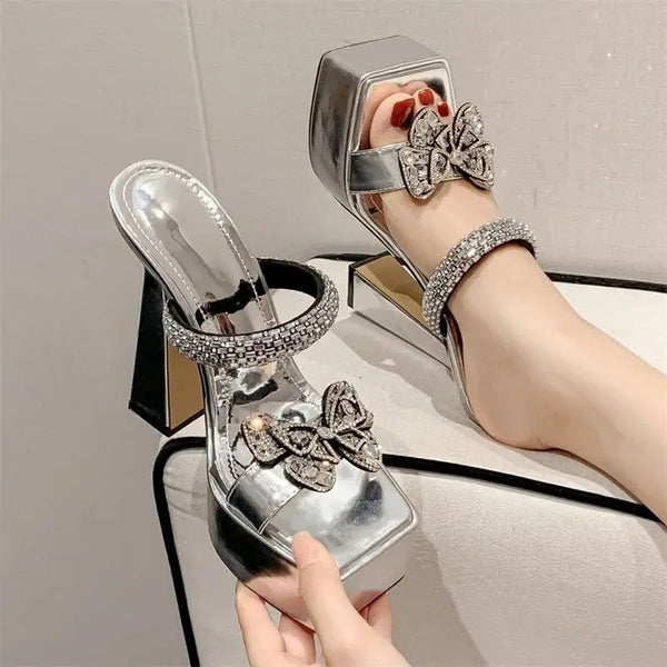 Zapatillas de verano con punta cuadrada y nudo de mariposa para mujer, zapatos de tacón ultraalto sexis