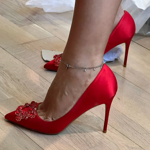 Square Rhinestones Women Red Silk Satin Pointy Toe High Heel