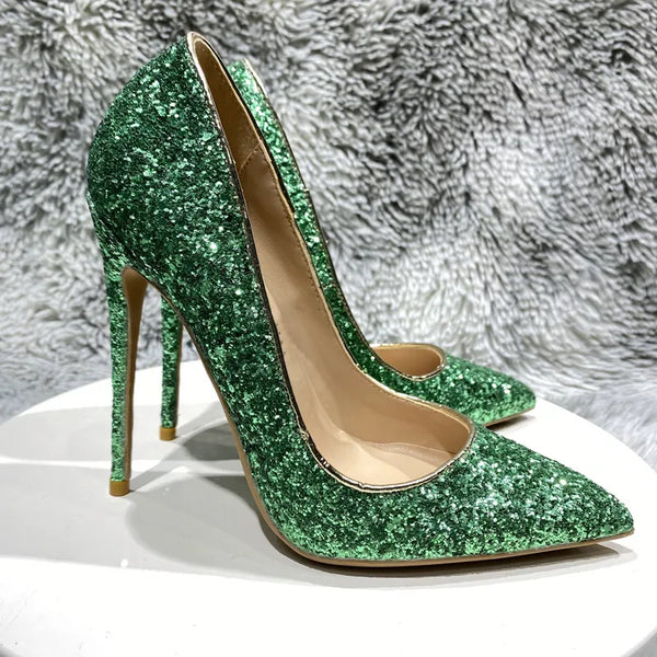 Zapatos de tacón de aguja con punta puntiaguda y lentejuelas verdes brillantes para mujer