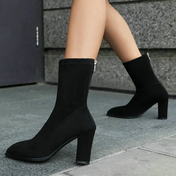 Fall Women Ankle Boots Pointed Toe Square High Heel Ladies Short Boots Faux Suede Zipper Dress Women Boots Big Size