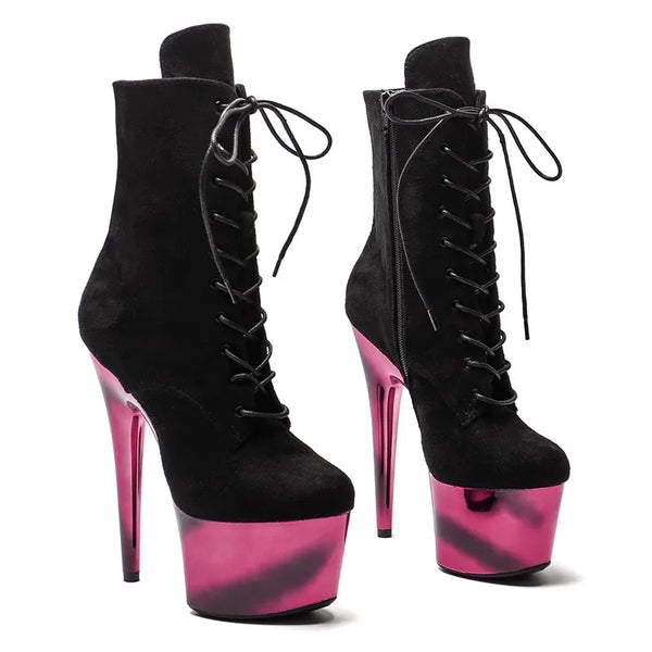 Botas modernas de tacón alto para fiesta con plataforma de 17 cm/7 pulgadas y parte superior de gamuza para mujer