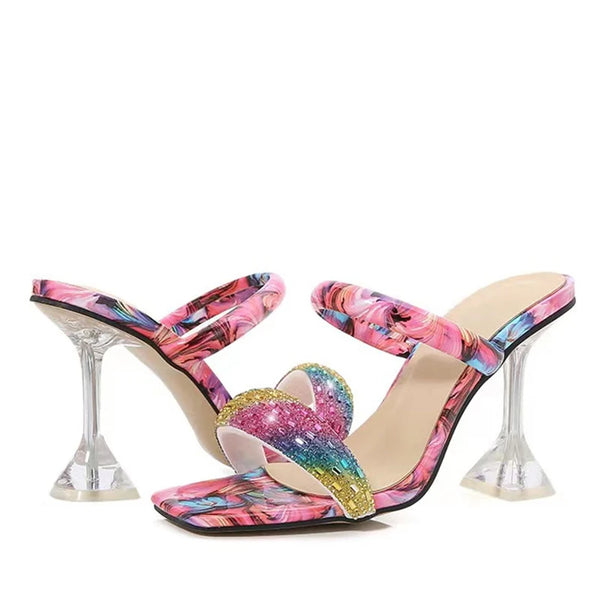 Fashion Color Rhinestone Ladies Party Dress Slippers Summer Strange Clear Heels Sandals