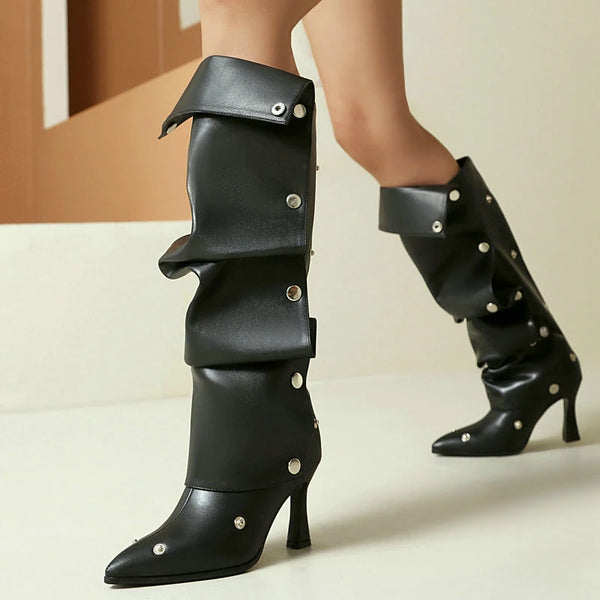 Women Knee High Boots Pointed Toe Thin High Heel Ladies Calf Boots