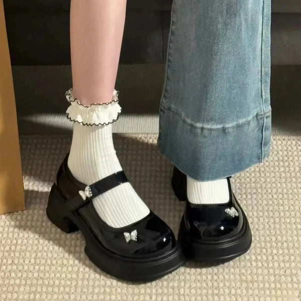 Flat Shoes Jet Black Thick Bottom One-piece Buckle Mary Jane Shoes