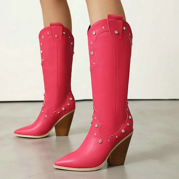 Women Knee High Boots Pointed Toe Square High Heel Ladies Western Boots