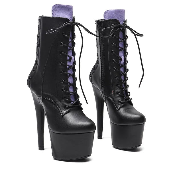 Botas modernas de tacón alto con plataforma para fiesta, de 17 cm/7 pulgadas, parte superior de PU negro mate, para mujer
