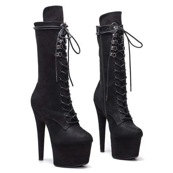Botas modernas de tacón alto para fiesta, con plataforma y parte superior de gamuza, de 17 cm/7 pulgadas, para mujer, hasta la pantorrilla