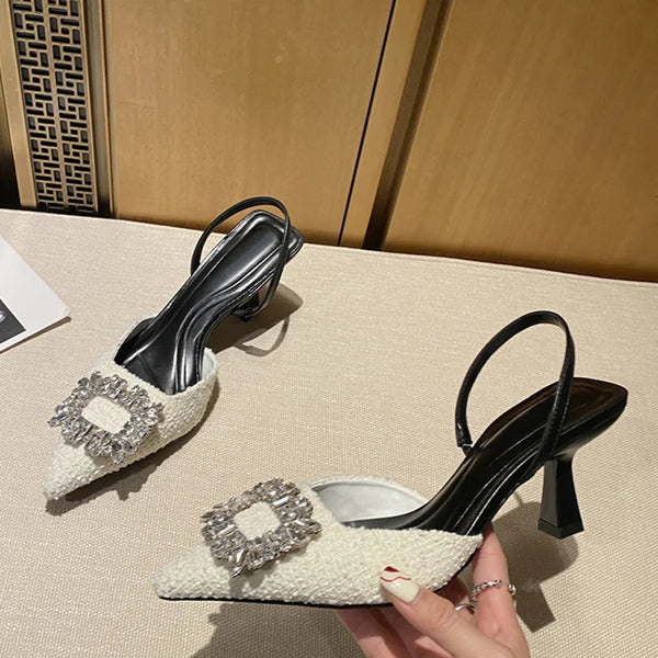 New Design Crystal Buckle Pointed Toe Low Thin Heels Wedding Prom Shoes