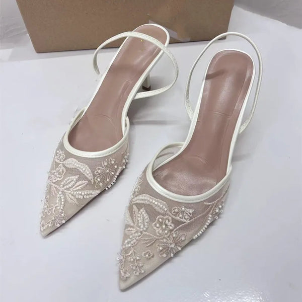 Woman Embroidered Mesh Open Heel Shoes