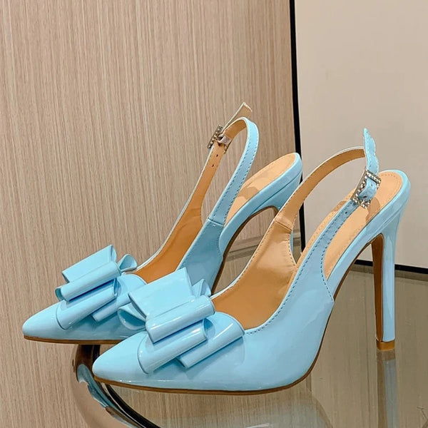Classics High Heels Women Bule Leather Bowknot Pointed Toe Stiletto