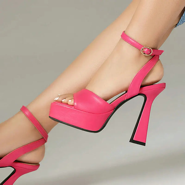 Summer  High Heel Shoes Platform Square High Heel Ladies Sandals PU Leather Open Toe Buckle Fashion Women Shoes Rose