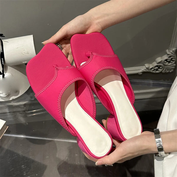 Pantuflas de satén de verano con punta cuadrada y clip para mujer