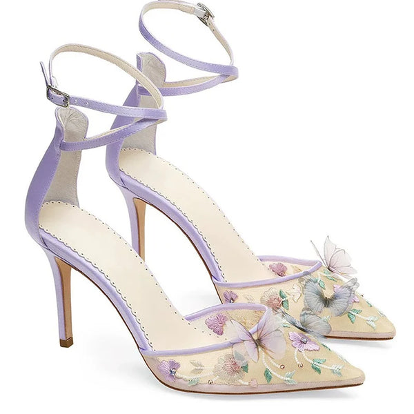 New pointed mesh chiffon butterfly uxurious embroidery flower temperament wedding shoes