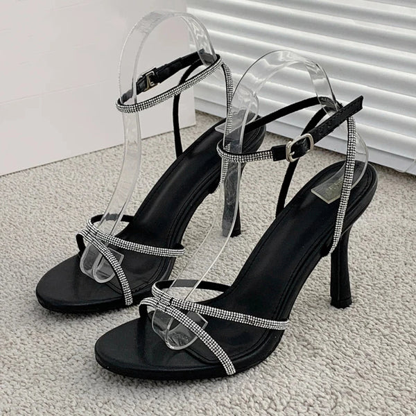 Sandalias de cristal de moda para mujer, tacones altos finos, zapatos de gladiador con correa y hebilla