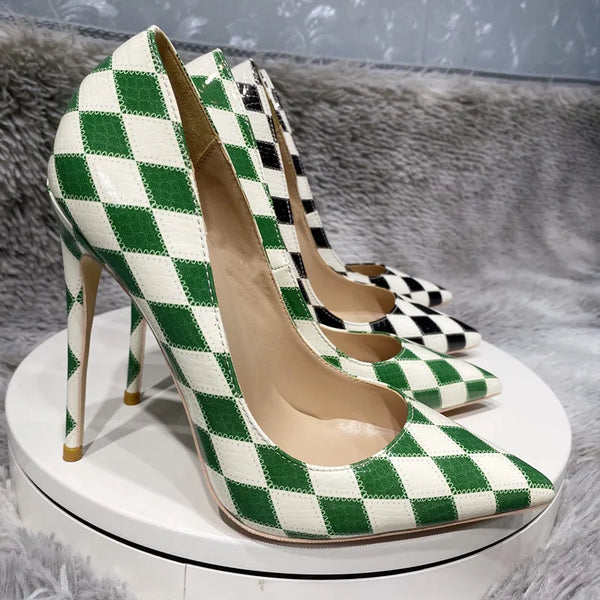 Color matching Checkered High Heel Shoes
