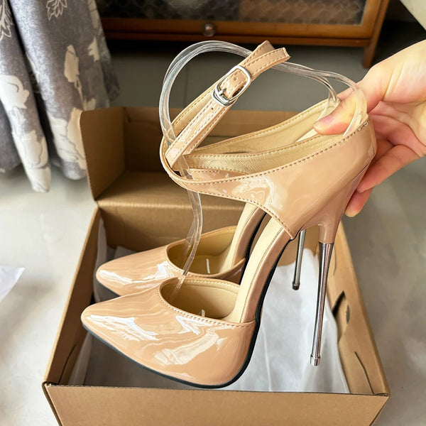 Super High Heels Sexy 16cm Apricot Woman Big Szie45 46 Ankle Strap Pumps