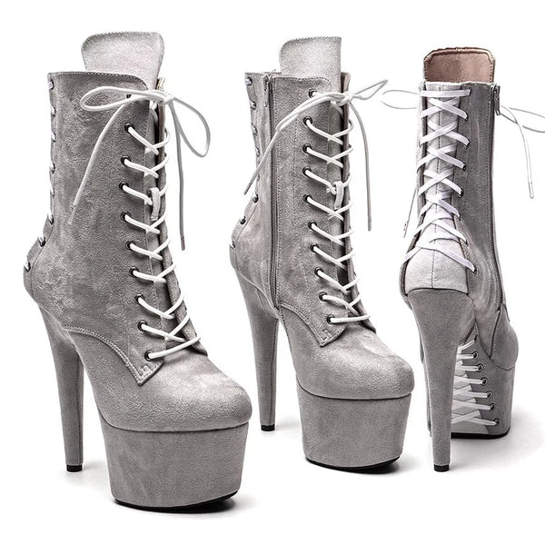 Botas modernas de tacón alto con plataforma para fiesta, de 17 cm/7 pulgadas, con parte superior de gamuza