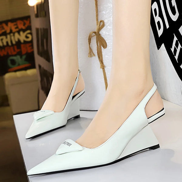 New Wedges Heels Women Patent Leather Woman Pumps Hollow Back Strap Women