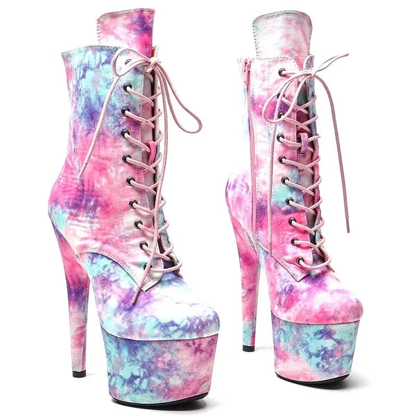 Tacones altos de plataforma para fiesta de mujer de moda de 17 cm/7 pulgadas con parte superior de PU de colores mixtos