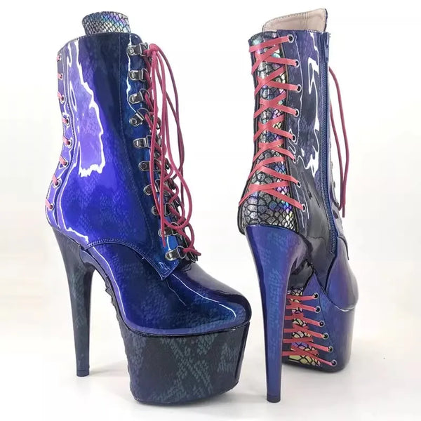 Botas modernas de tacón alto con plataforma para mujer, parte superior de PU azul, 17 cm/7 pulgadas, para fiesta