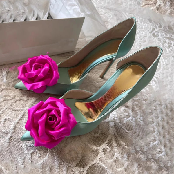 New satin high-heeled shoes with rose petals,niche design