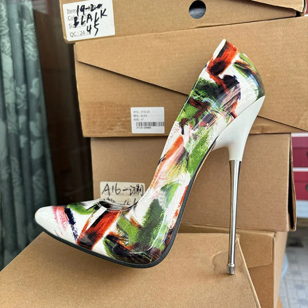 Fashion Design 16cm Thin High Heels Green Graffiti Stilettos Sexy Pumps