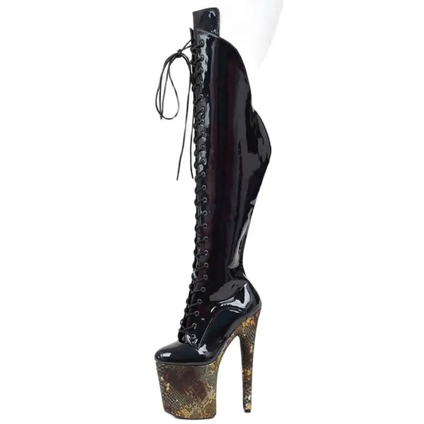 Women Knee-high Boots Side Zipper Cross Tied Stiletto Heel Round Toe Black Night Club Pole Dance Shoes