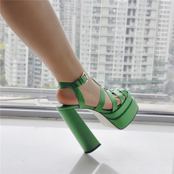 Women White Platform Sandals Chunky High Heel Hollow Out Strappy Peep Toe Party  Sandals