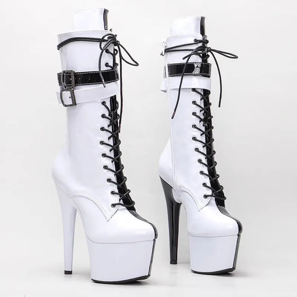 Botas modernas de tacón alto con plataforma para mujer, de 17 cm/7 pulgadas, con parte superior de PU en blanco y negro, para fiesta