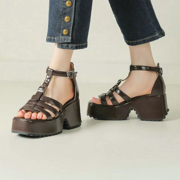 Heel Shoes Platform Square High Heel Ladies Sandals PU Leather High Quality Open Toe Buckle Dress Shoes