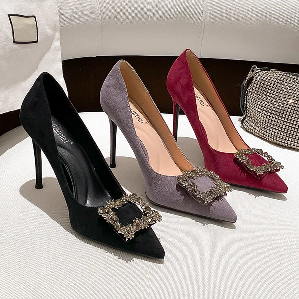 Fashion Water Diamond Square Buckle Single Shoes Thin Heels Pointed Shallow Mouth Work Shoes