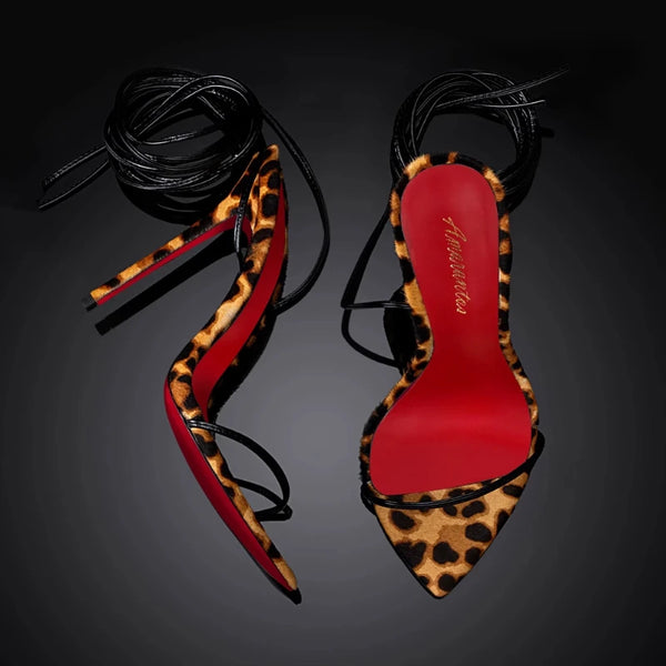 12cm Leopard print Suede Pointed Strap Fine Strap Sexy Ultra High Heels Sandals